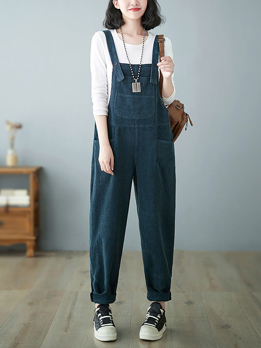 Women Casual Autumn Solid Corduroy Loose Jumpsuits