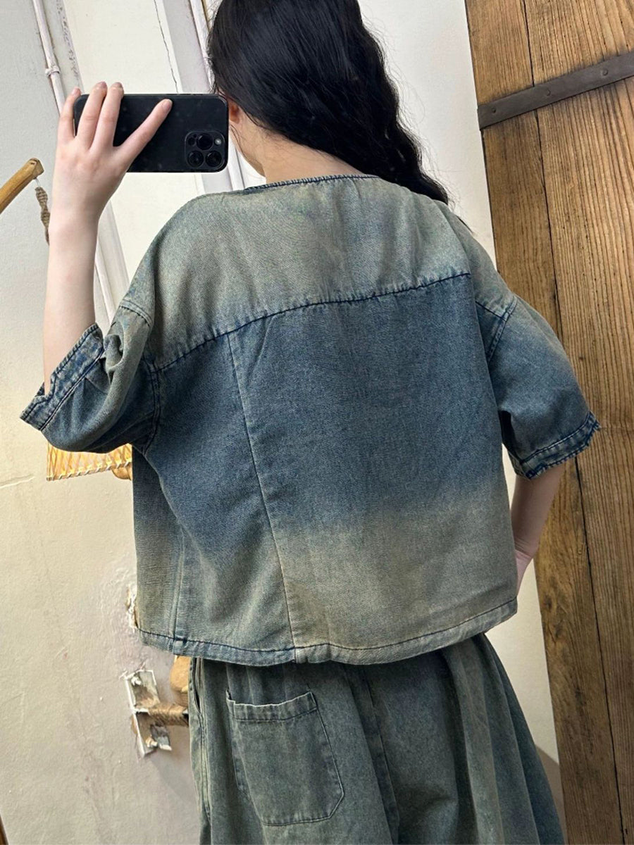 Women Summer Vintage Washed Denim Shirt