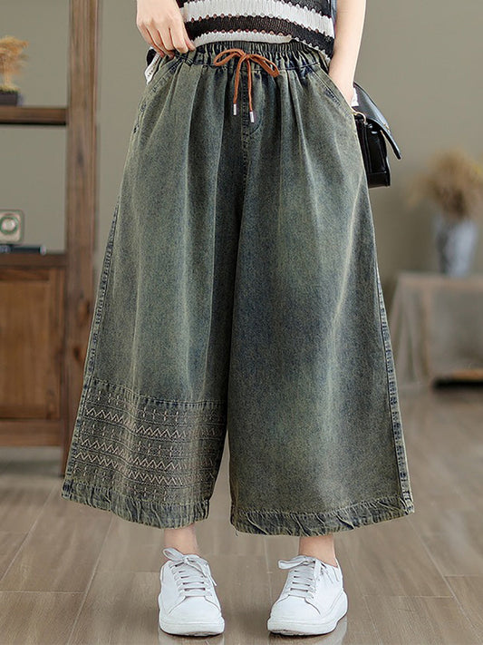 Women Summer Casual Embroidery Wide-leg Denim Pants