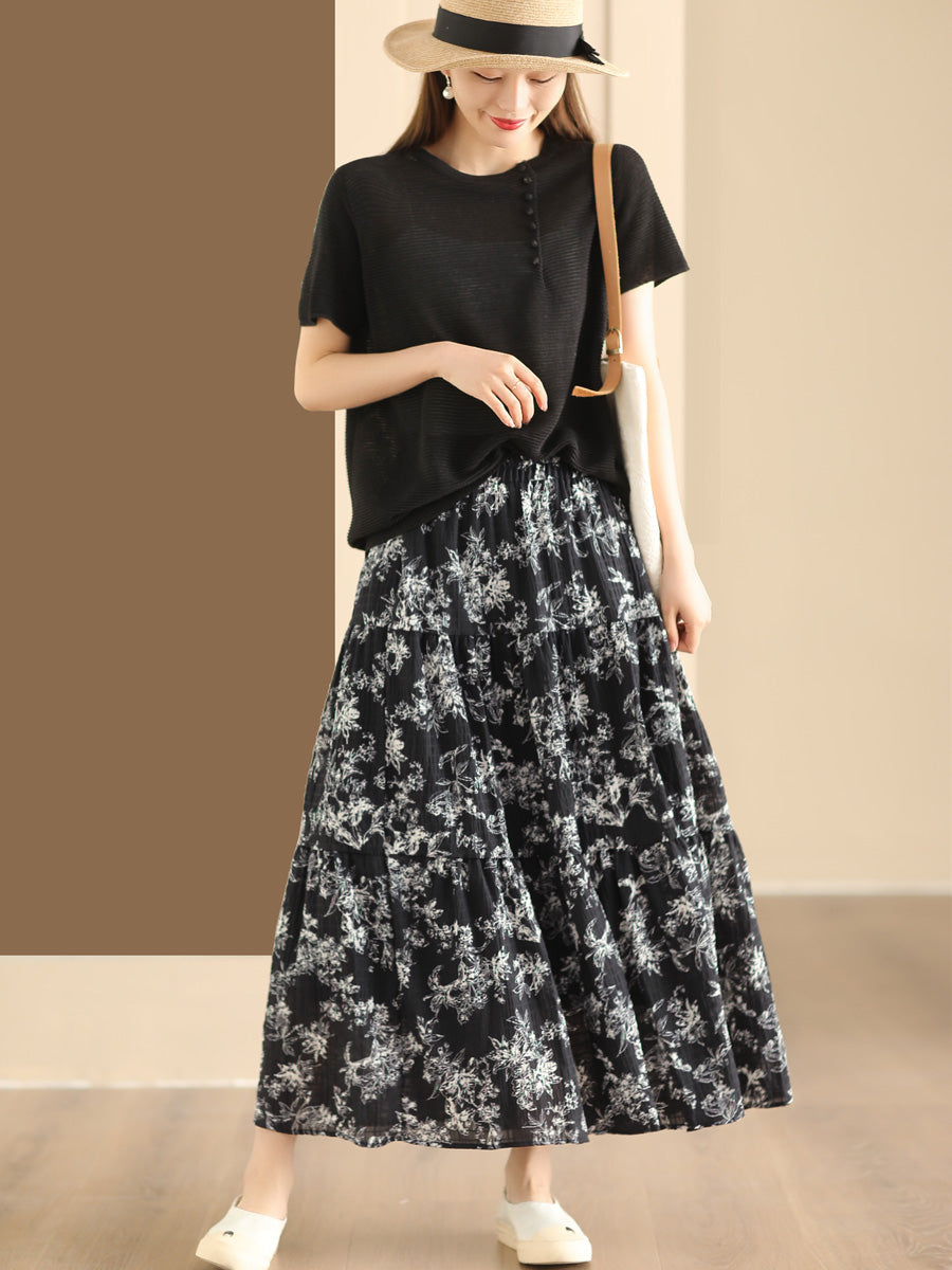 Women Summer Vintage Floral Cotton Loose Skirt