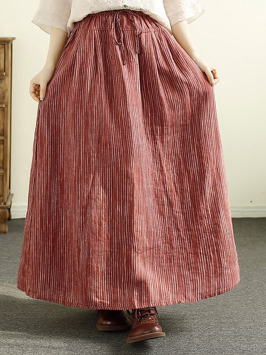 Women Summer Stripe Loose Cotton Drawstring Skirt