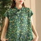 Women Summer Vintage Floral Stand Collar Ramie Shirt