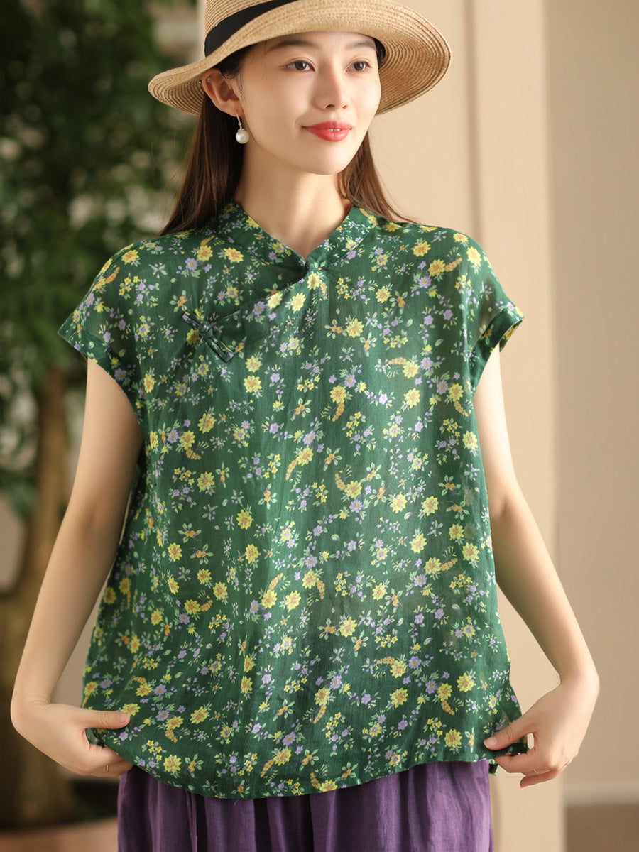 Women Summer Vintage Floral Stand Collar Ramie Shirt