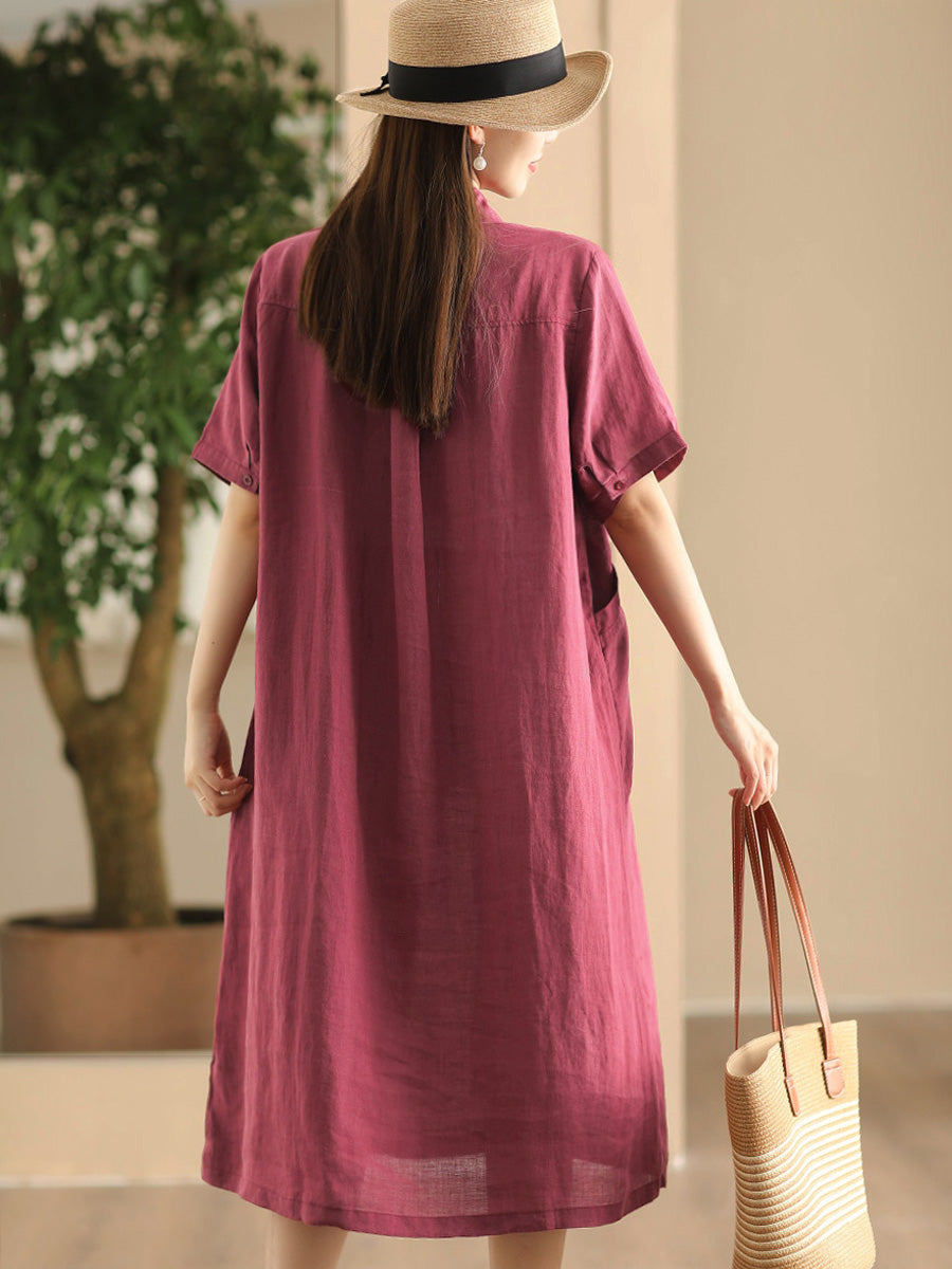 Women Summer Casual Solid Loose Polo Collar Linen Dress