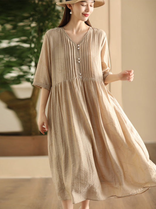 Women Summer Artsy Shirred V-Neck Solid Loose Dress