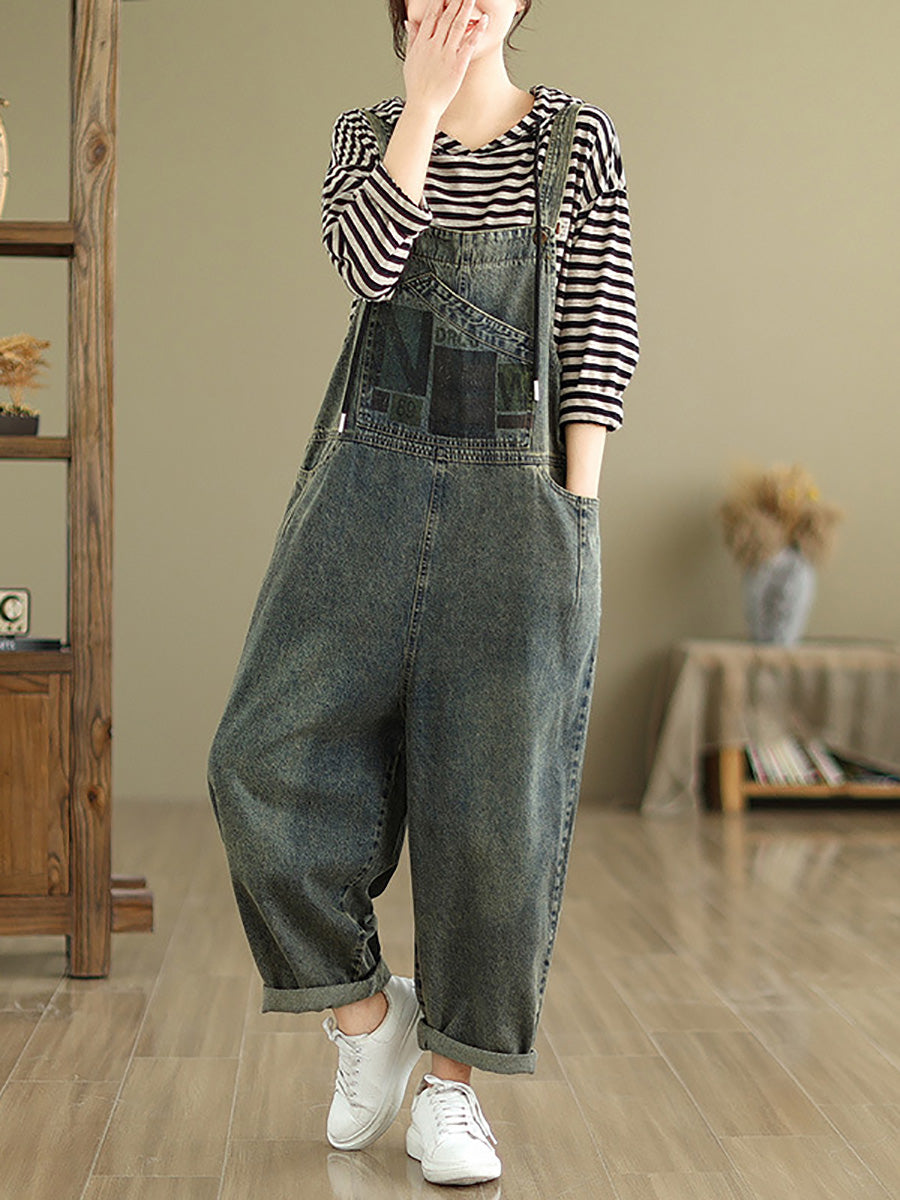 Women Autumn Retro Patchwork Loose Denim Jumpsuits