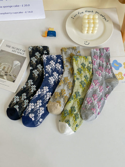 5 Pairs Women Vintage Floral Colorblock Cotton Socks