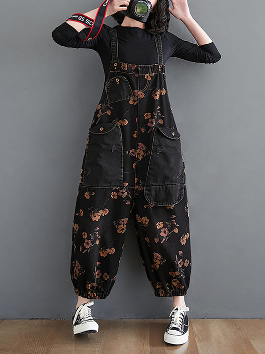 Women Autumn Worn Flower Patchwork Loose Denim Jumpsuits