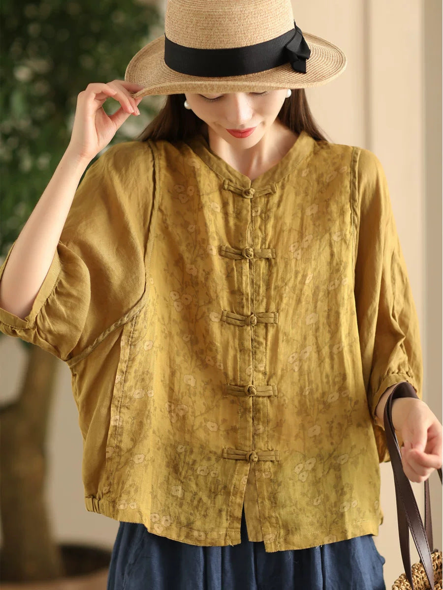 Women Summer Vintage Flower Spliced Button-up Ramie Shirt