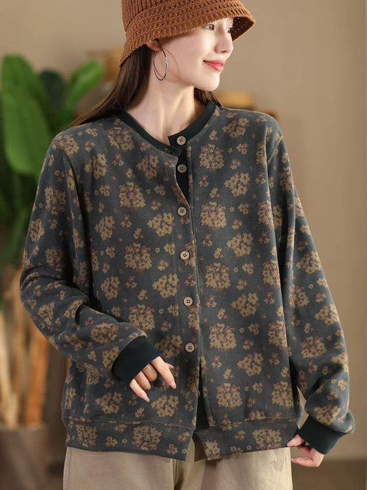 Women Vintage Flower Colorblock Button Cotton Coat