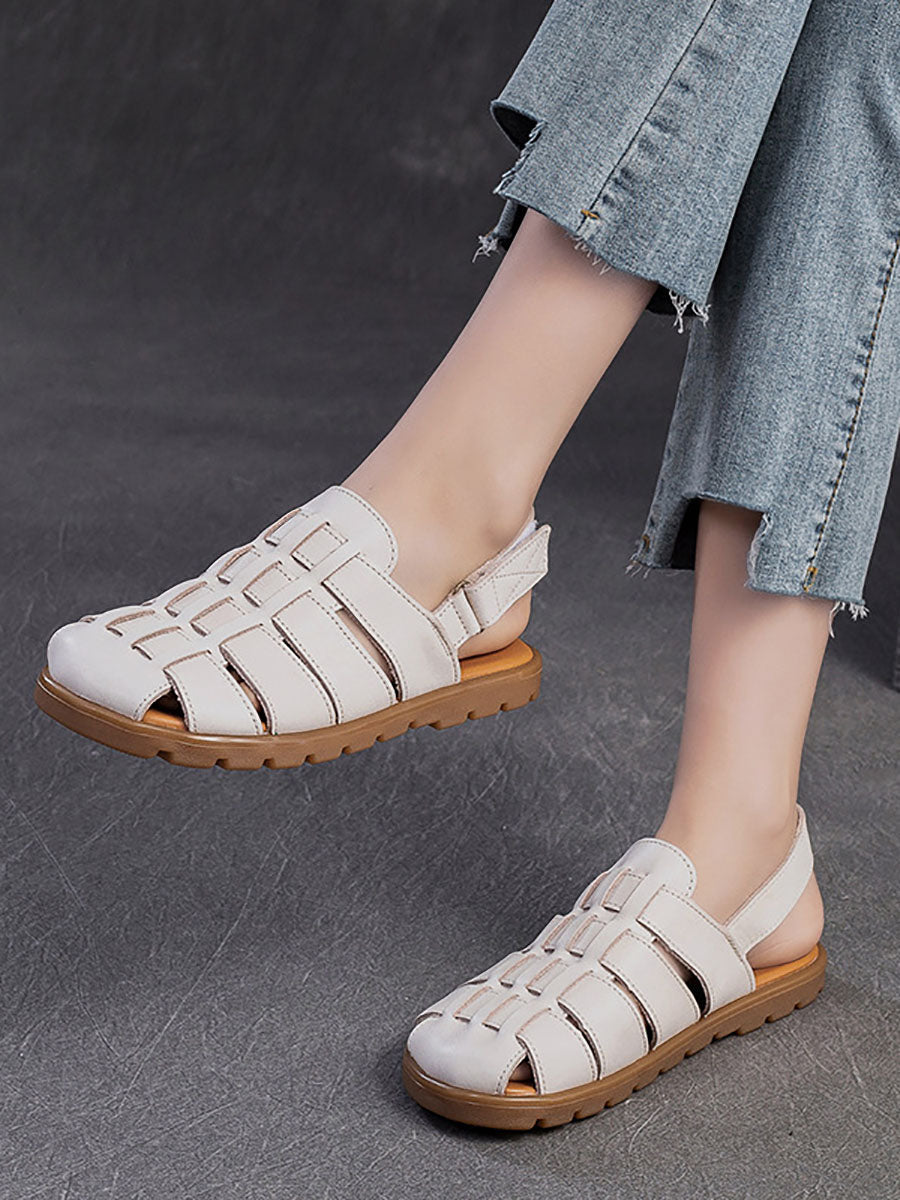 Women Summer Casual Leather Weave Solid Flat Shoes