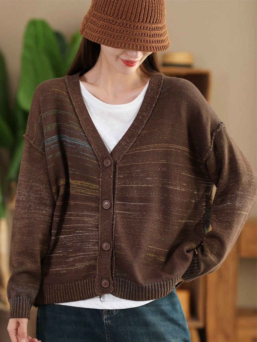 Women Autumn Artsy Colorful Knit V-Neck Cardigan Sweater