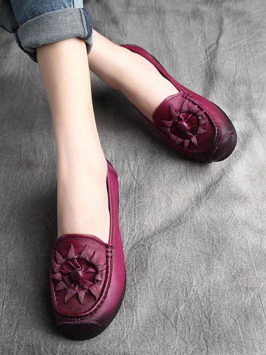 Women Vintage Flower Genuine Leather Low Heel Shoes