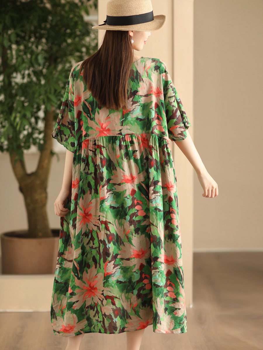 Women Summer Vintage Flower Linen Loose Dress