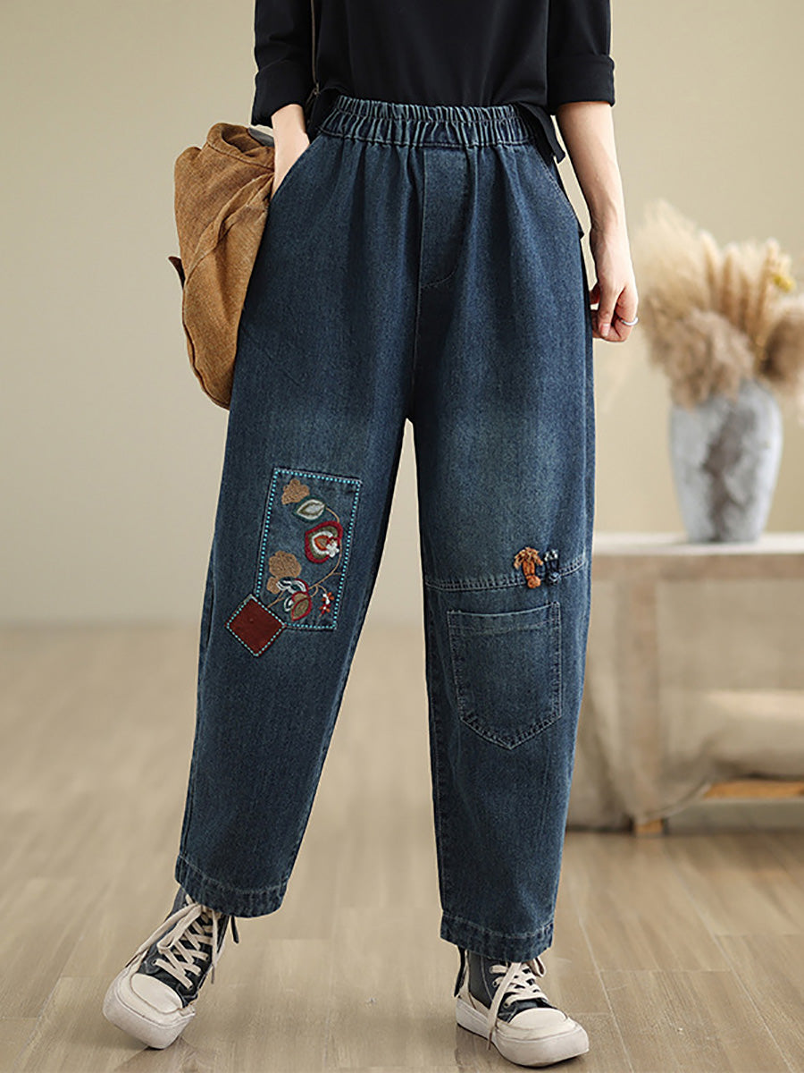 Women Autumn Artsy Embroidery Denim Harem Pants