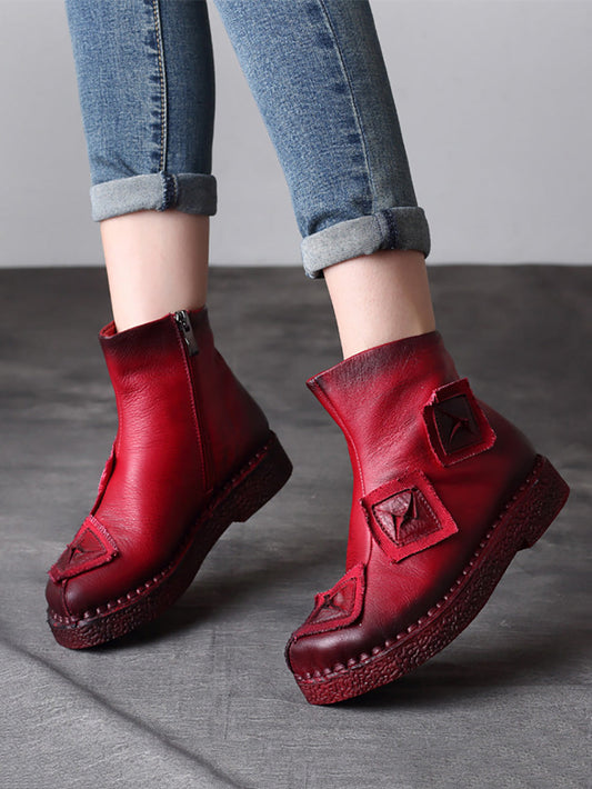 Women Vintage Leather Patch Spliced Ankle Boots