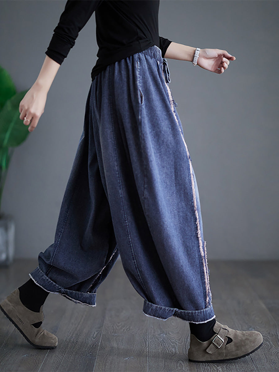 Women Summer Vintage Denim Patch Spliced Harem Pants