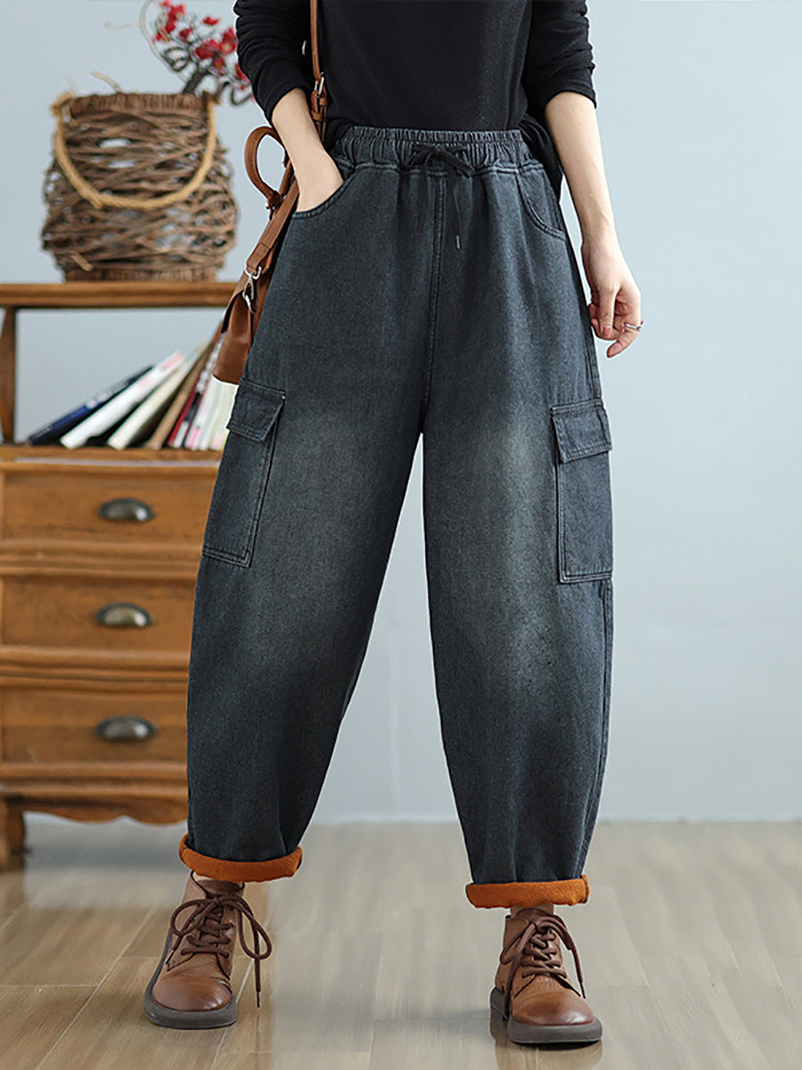 Women Winter Casual Fleece-lined Denim Harem Pants