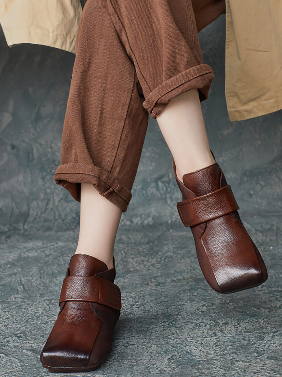 Women Artsy Leather Spliced Square Collar Ankle Boots