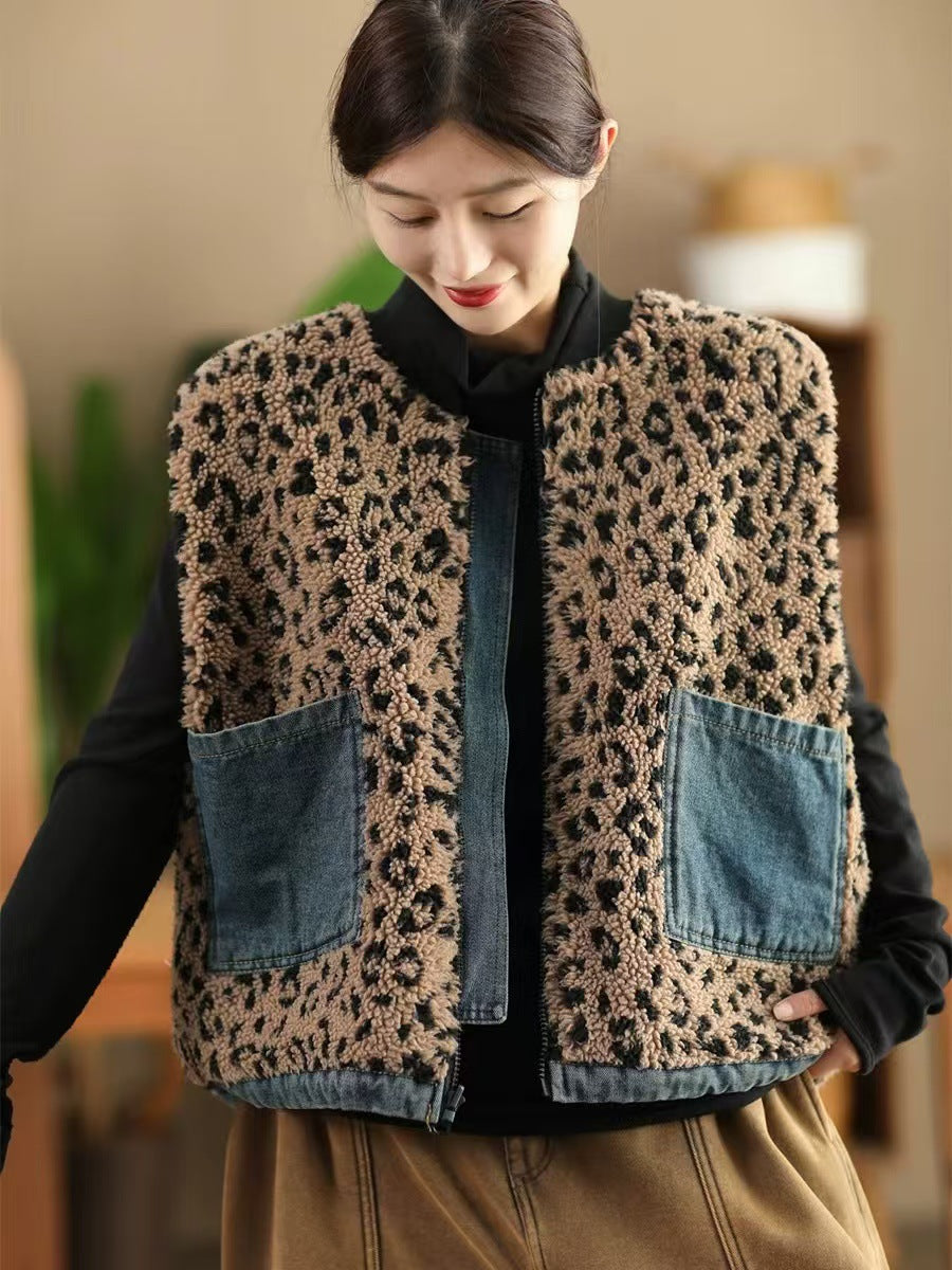 Women Autumn Retro Leopard O-Neck Dual-side Wearing Vest