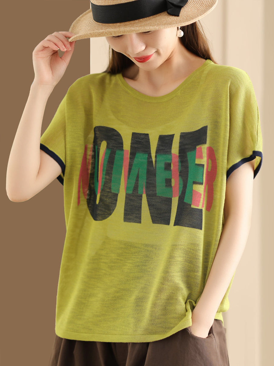 Women Summer Letter Printing Knitted Loose Shirt