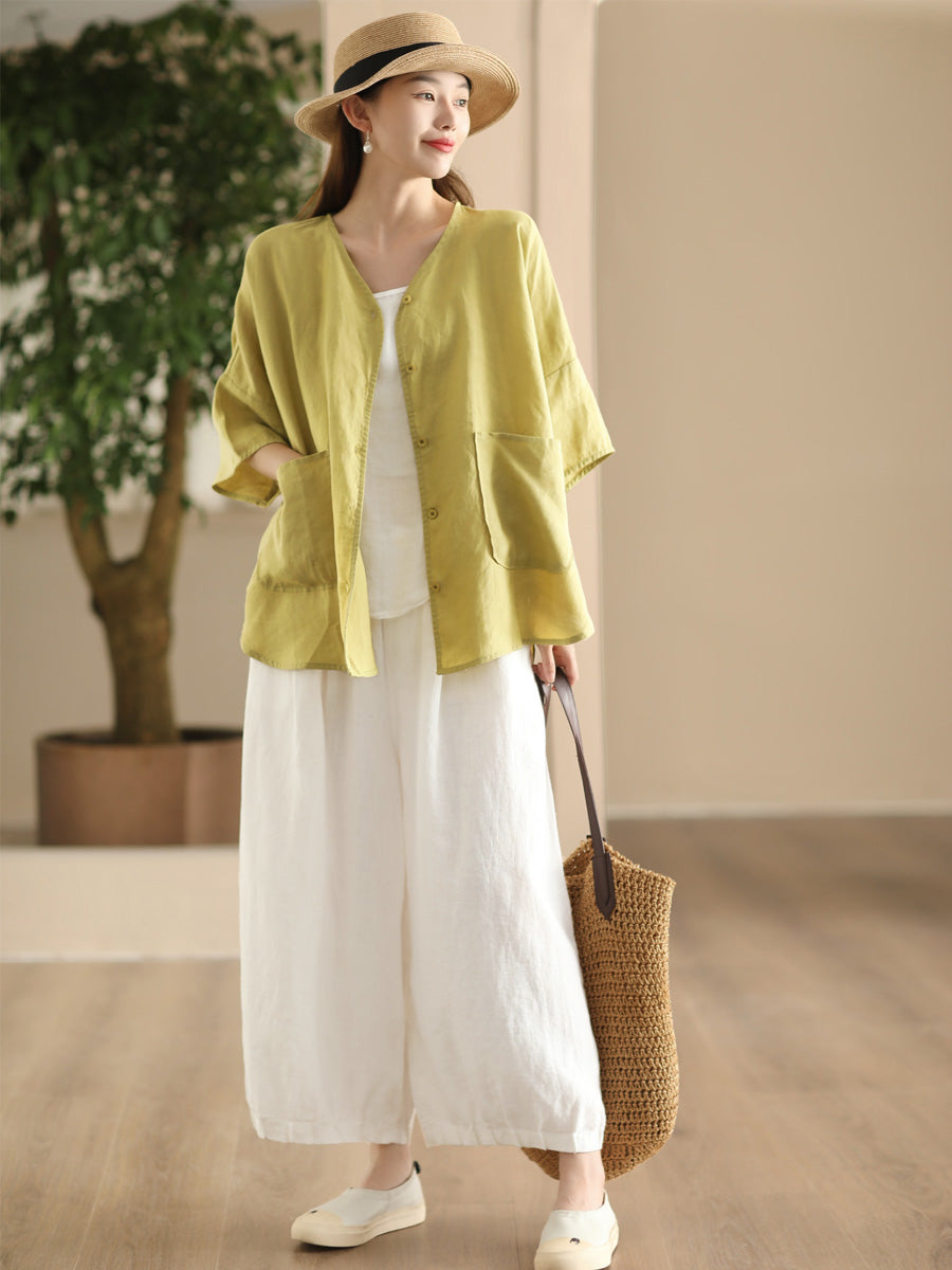 Women Summer Vintage Solid Linen Wide-leg Pants