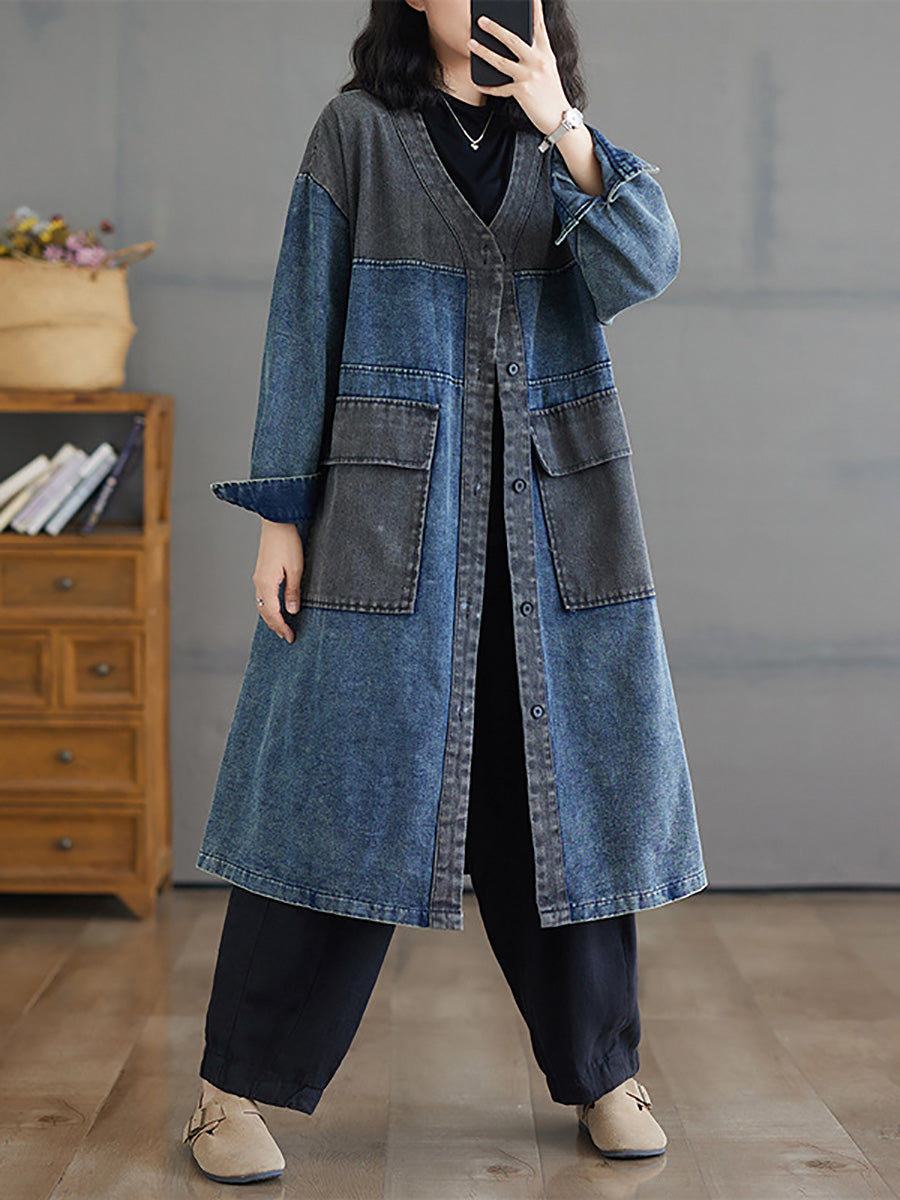 Women Autumn Worn Colorblock Denim Long Coat