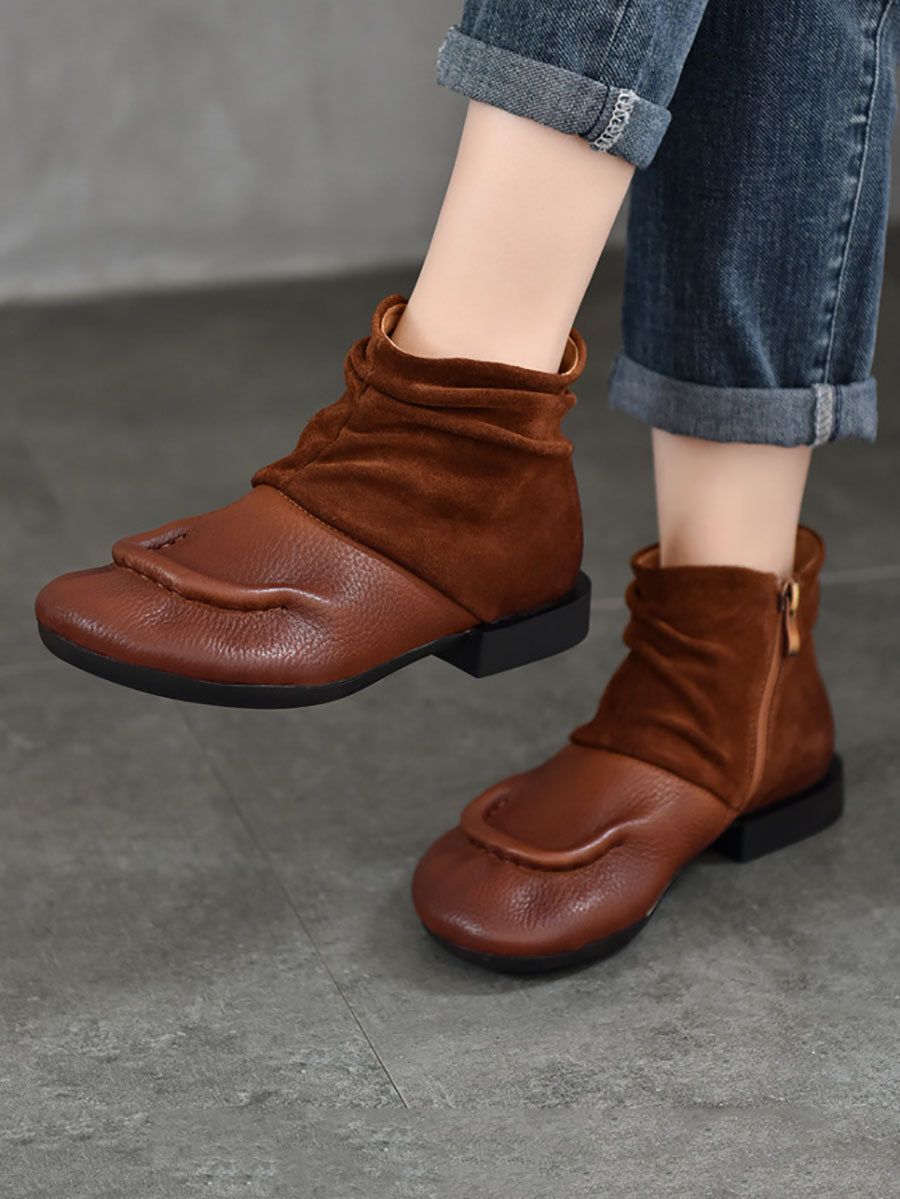 Women Vintage Suded Leather Spliced Low Heel Boots