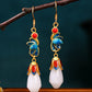 Women Vintage Flower Cloisonne Jade Mangnolia Sliver Earrings