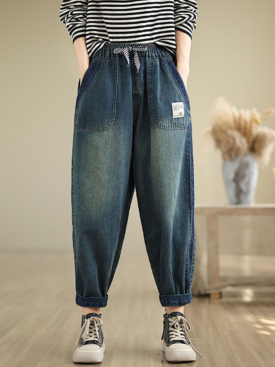 Women Casual Pockets Washed Denim Harem Pants