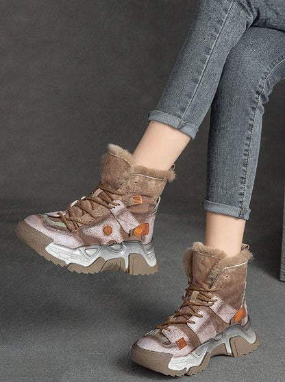 Women Vintage Leather Spliced Fleece-lined Platform Boots