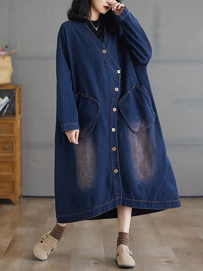 Women Autumn Worn V-Neck Washed Denim Long Coat