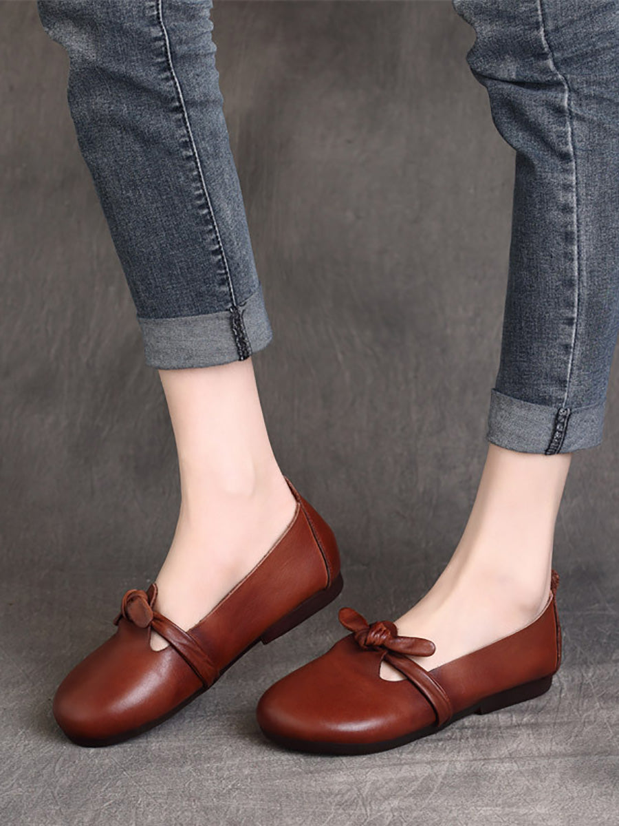 Women Summer Ethnic Solid Bowknot Leather Flat Shoes