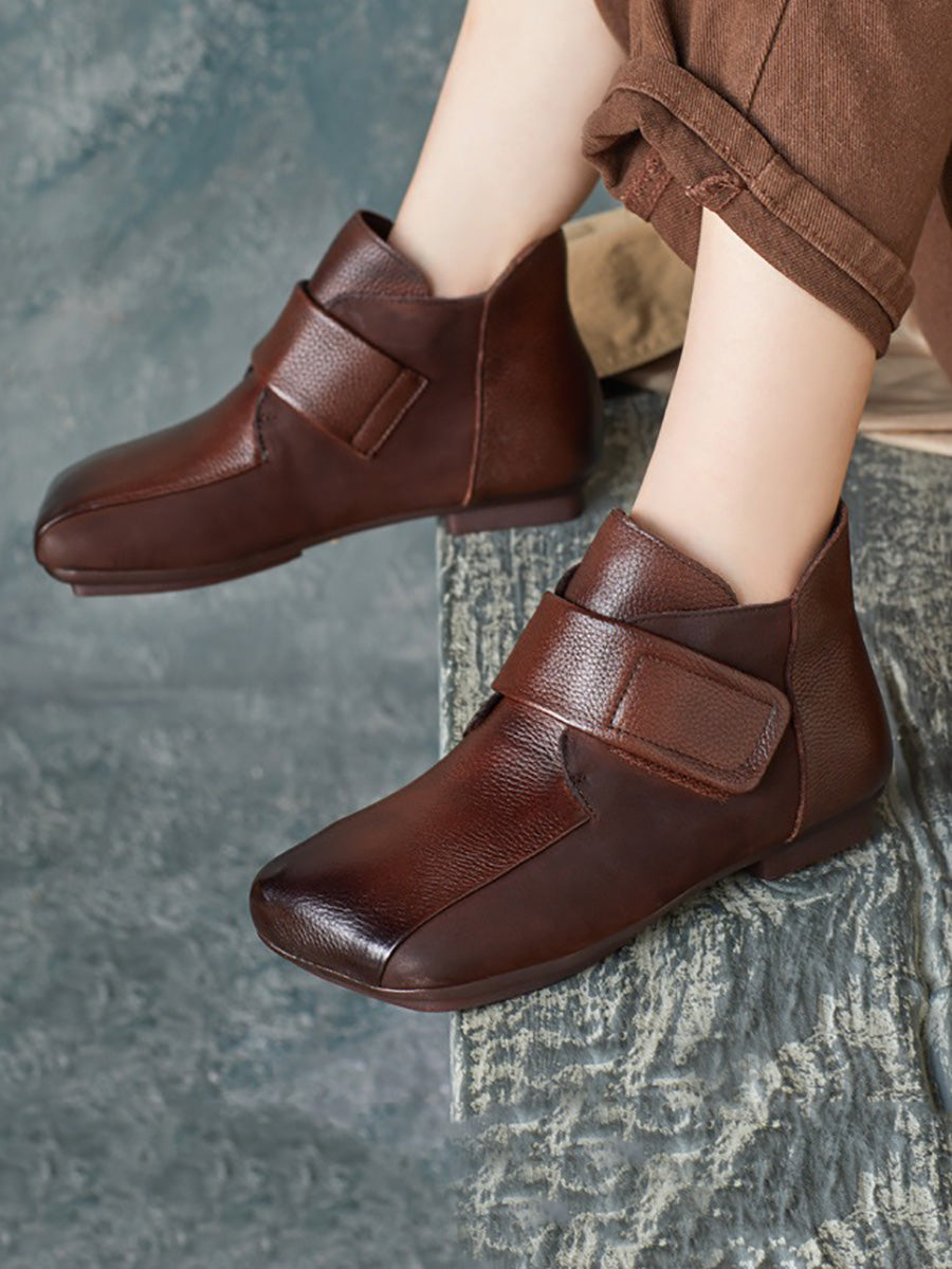 Women Artsy Leather Spliced Square Collar Ankle Boots