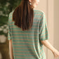 Women Casual Summer Srtipe O-Neck Linen Shirt