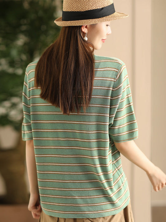 Women Casual Summer Srtipe O-Neck Linen Shirt