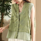 Women Summer Ethnic Embroidery Button-up Spliced Ramie Vest