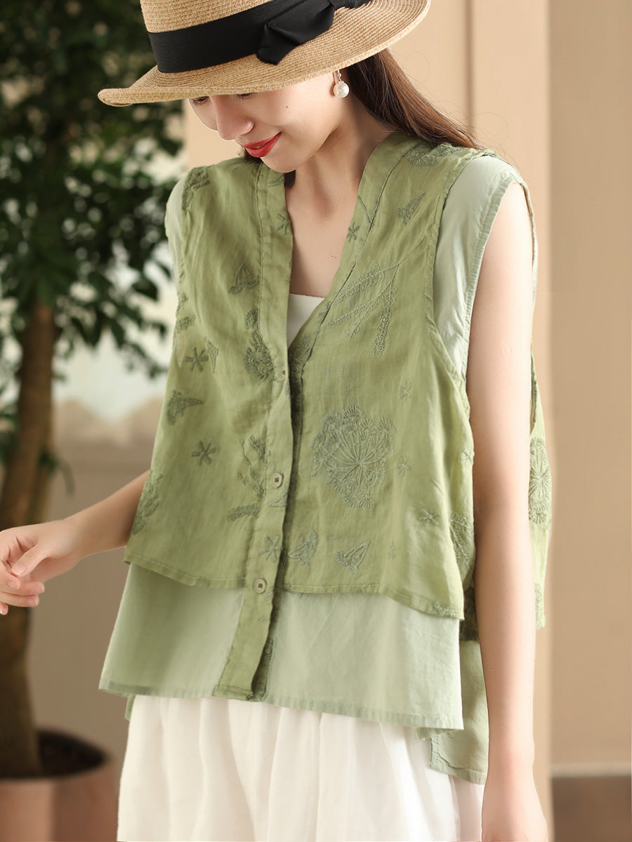 Women Summer Ethnic Embroidery Button-up Spliced Ramie Vest