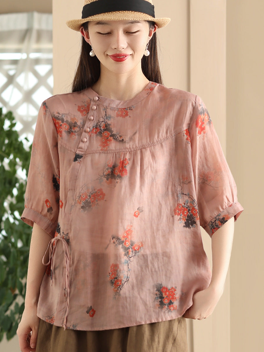 Women Summer Vintage Flower Strap O-Neck Ramie Shirt