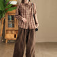 Women Autumn Vintage Plaid Button-up Linen Blouse