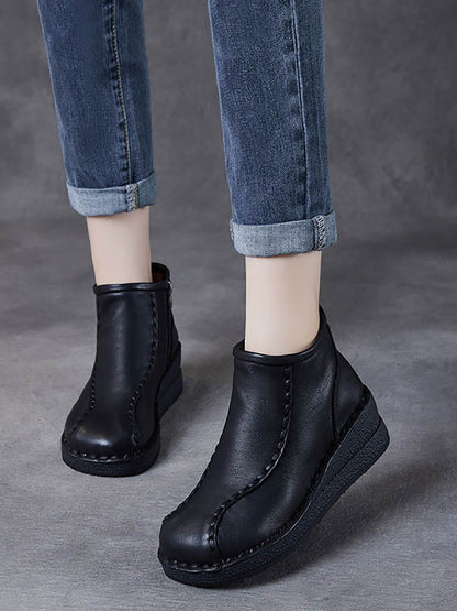 Women Retro Soft Leather Spliced Fleece-lined Mid-Heel Boots