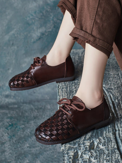 Women Autumn Vintage Soft Leather Waeve Flat Shoes