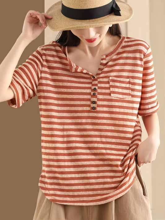 Women Sumer Casual Stripe V-Neck Button Shirt