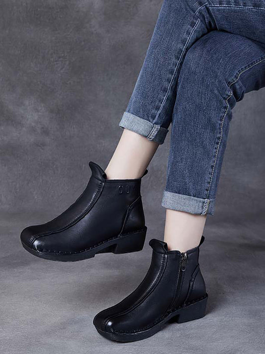 Women Autumn Genuine Leather Spliced Mid-Heel Boots