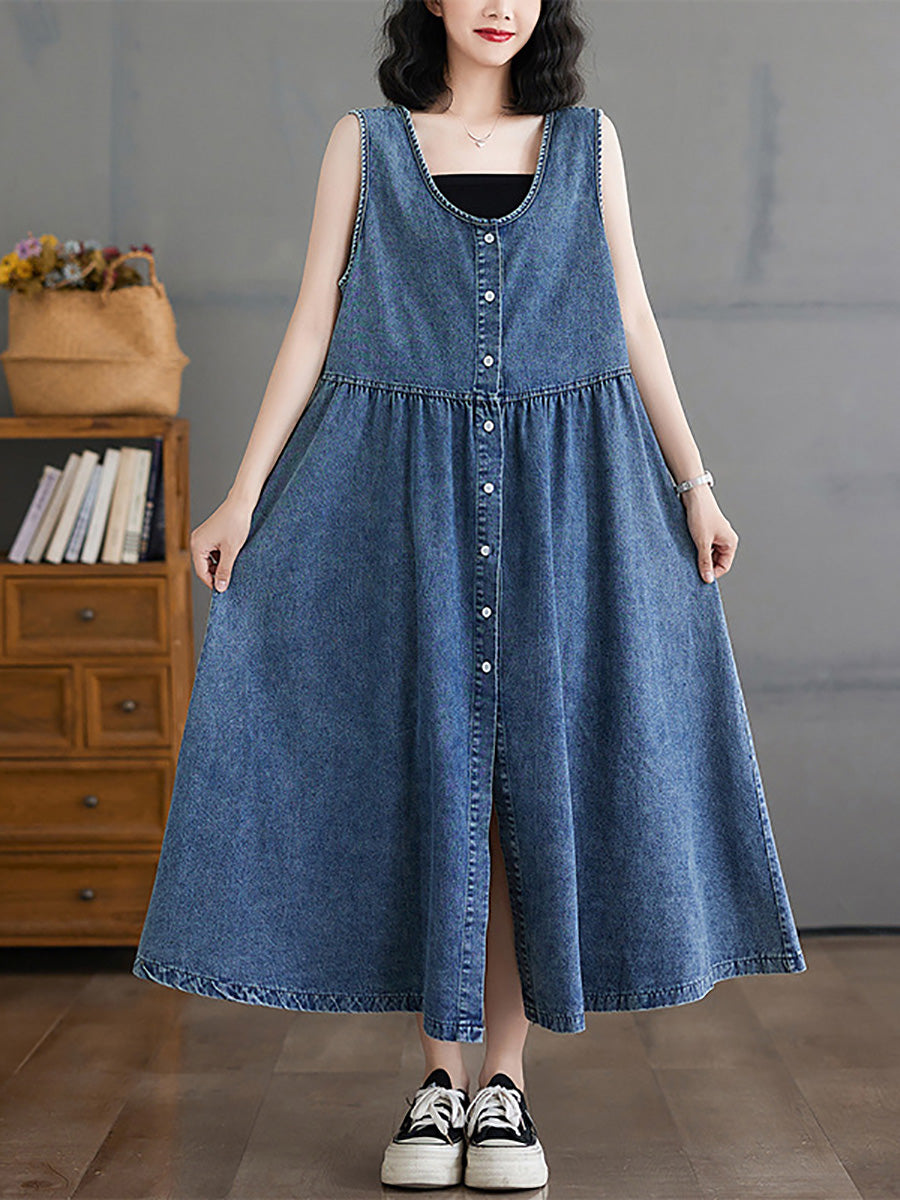 Women Casual Summer Denim A-Shape Loose Vest Dress