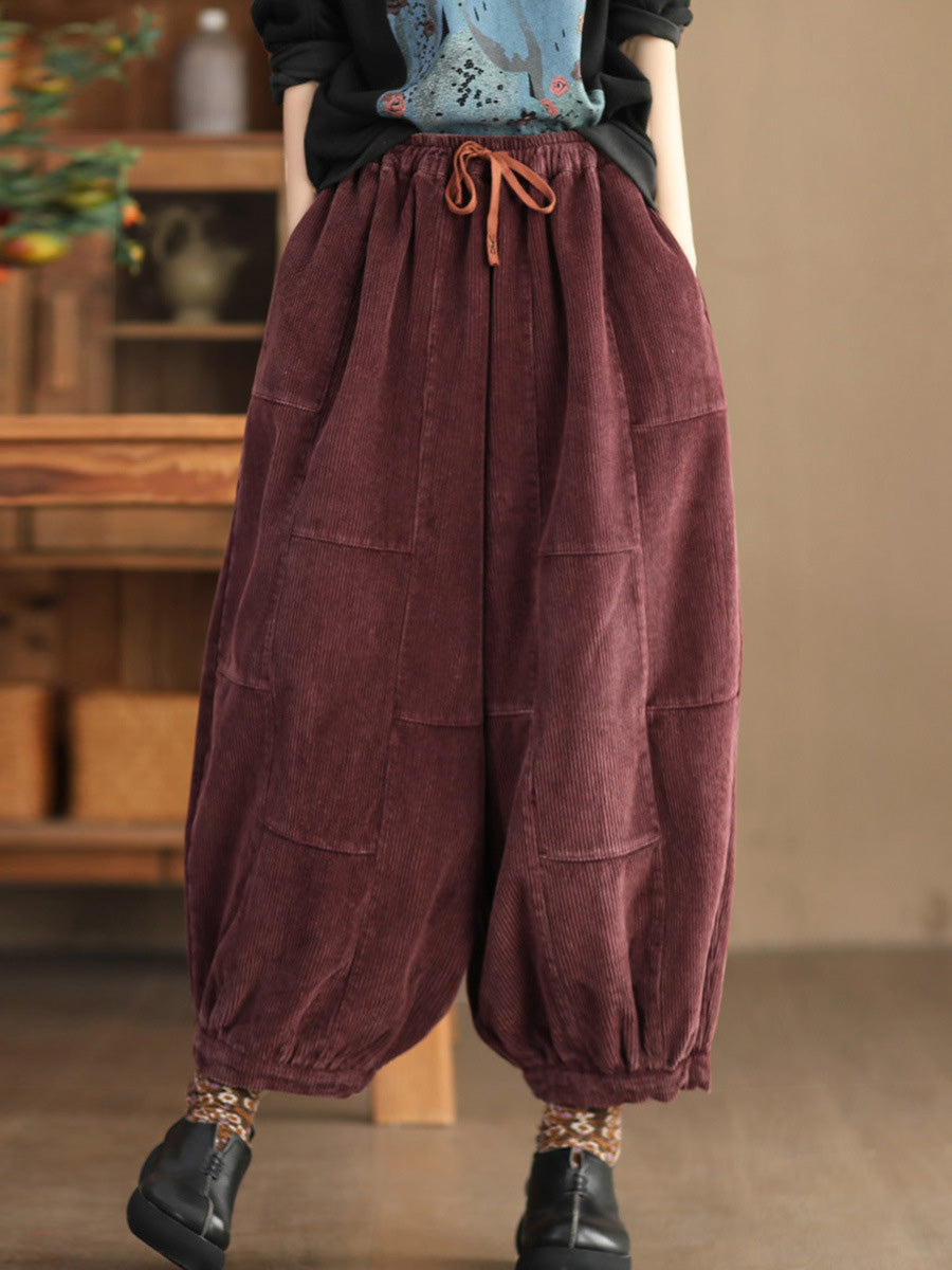 Women Autumn Retro Corduroy Spliced Harem Pants