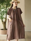 Women Summer Casual Solid Pocket O-Neck Linen Dress