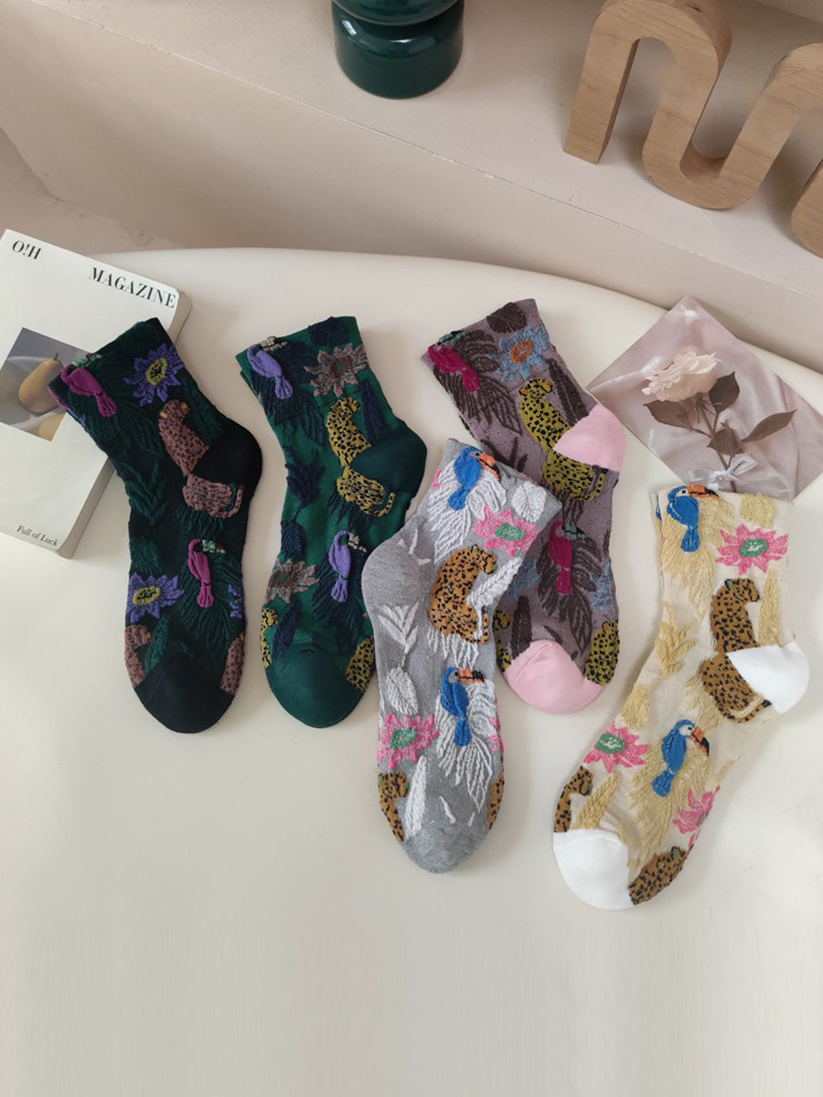 5 Pairs Women Winter Flower Animals Jacquard Socks