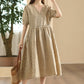 Women Artsy Summer Plaid V-Neck Linen Dress