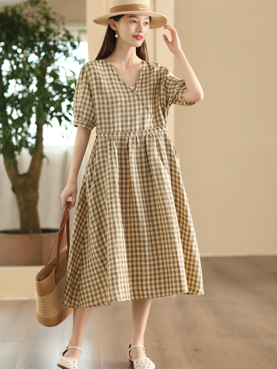 Women Artsy Summer Plaid V-Neck Linen Dress